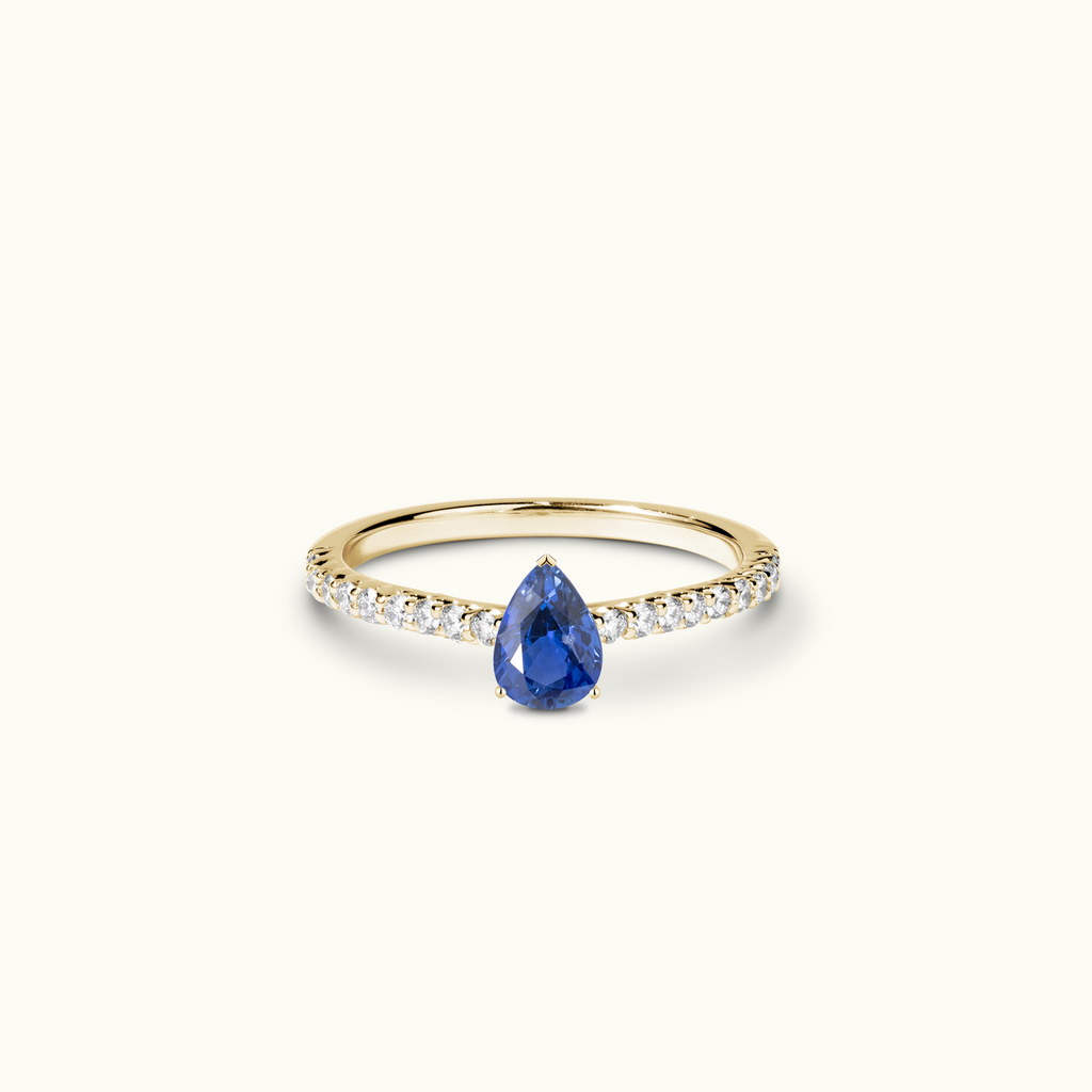 Jewellers District's Twist Cathedral-Setting Royal Sapphire Engagement Ring in 14k Yellow Gold, Pear