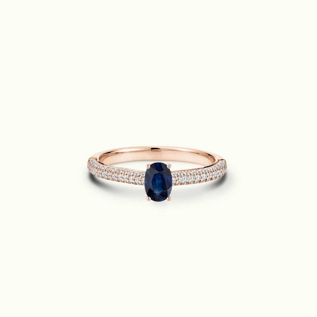 Jewellers District's Royal Sapphire Engagement Ring with Signature Knot-Basket and Micropavé Band in 14k Rose Gold, Oval