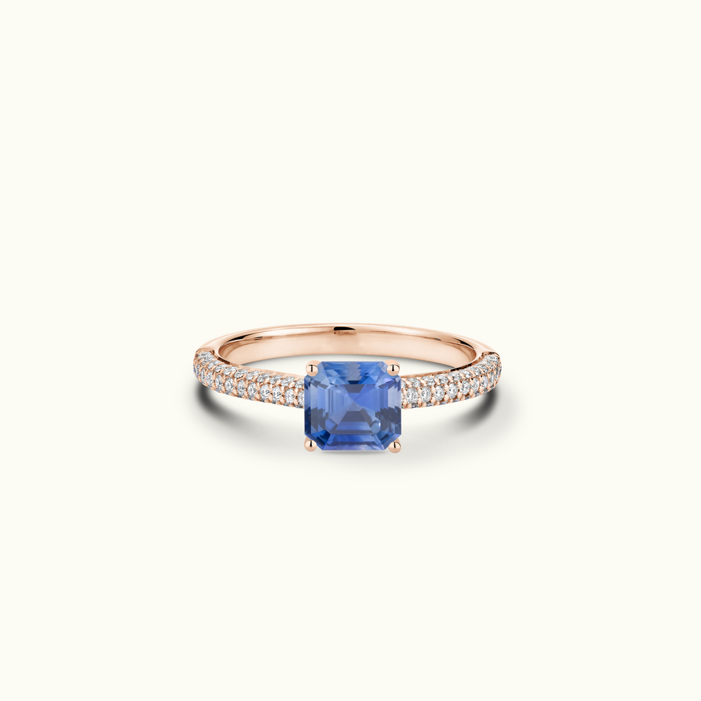 Jewellers District's Royal Sapphire Engagement Ring with Signature Knot-Basket and Micropavé Band in 14k Rose Gold, Asscher