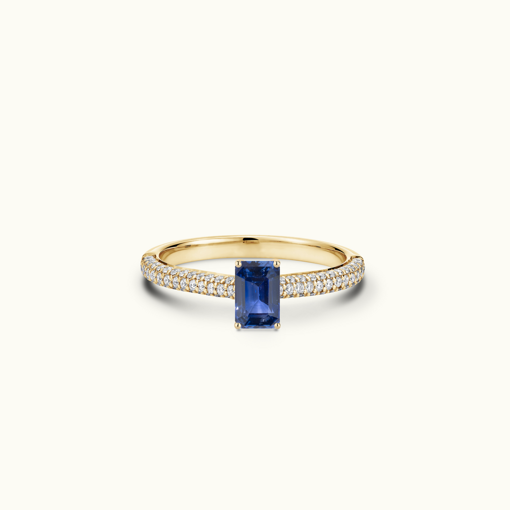 Jewellers District's Royal Sapphire Engagement Ring with Signature Knot-Basket and Micropavé Band in 14k Yellow Gold, Emerald