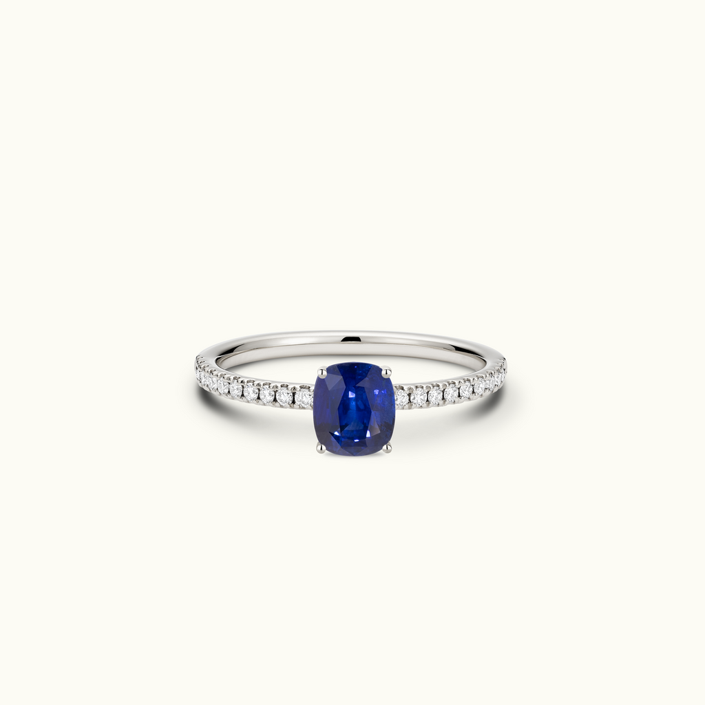 Jewellers District's Royal Sapphire Engagement Ring with Signature Knot-Basket and Diamond Band in 14k White Gold, Cushion