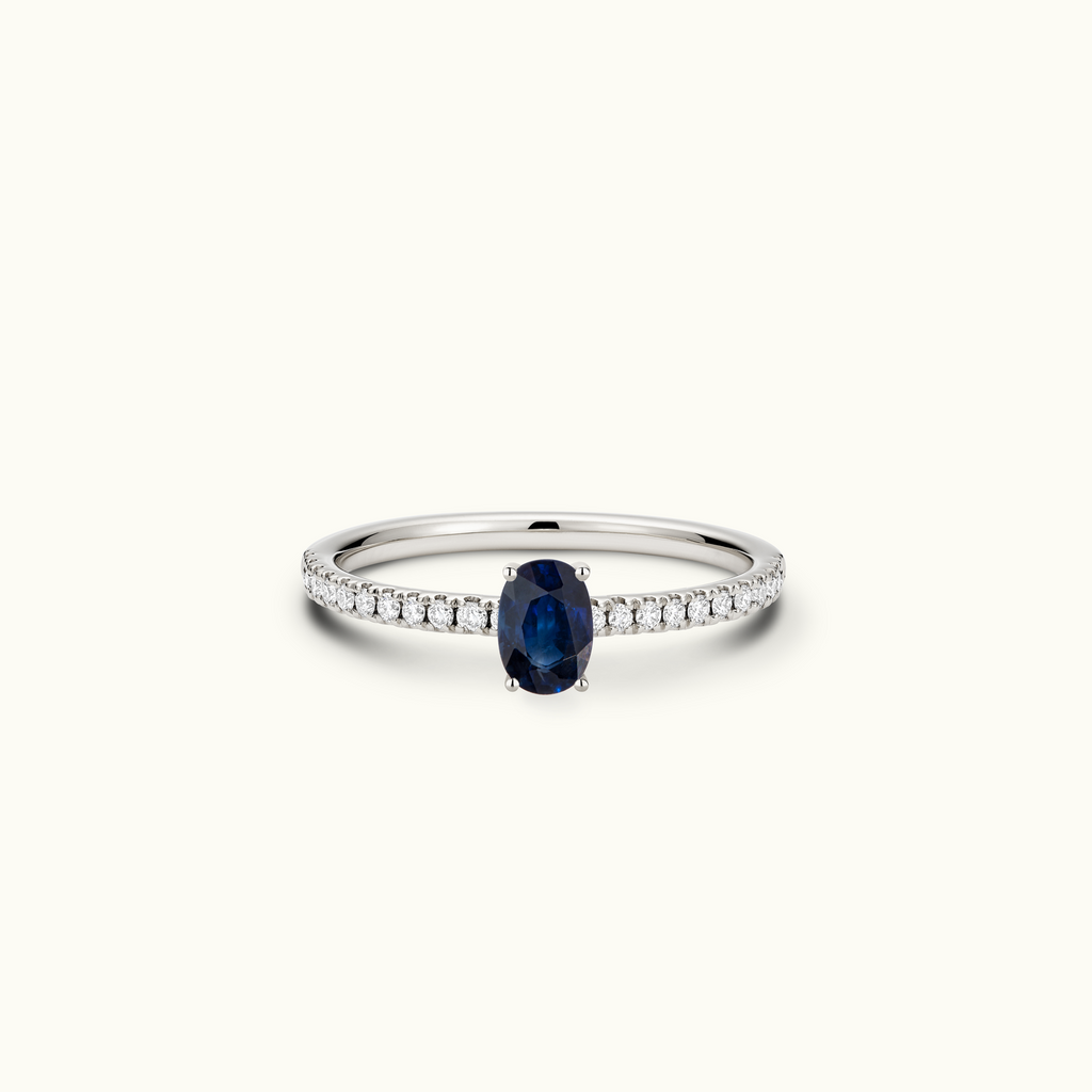 Jewellers District's Royal Sapphire Engagement Ring with Signature Knot-Basket and Diamond Band in 14k White Gold, Oval