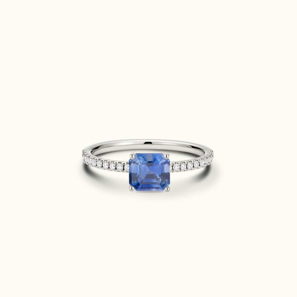 Jewellers District's Royal Sapphire Engagement Ring with Signature Knot-Basket and Diamond Band in 14k White Gold, Asscher