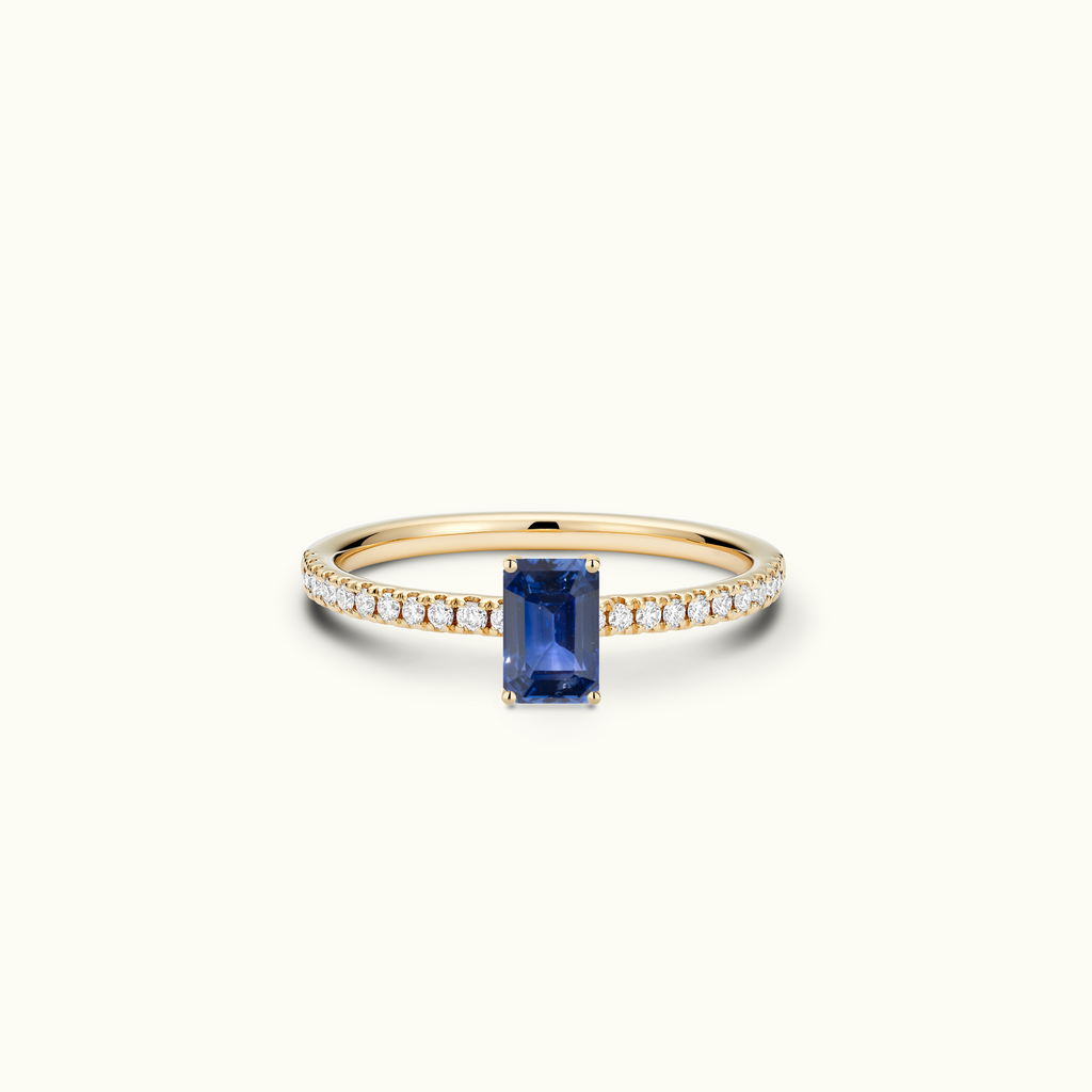 Jewellers District's Royal Sapphire Engagement Ring with Signature Knot-Basket and Diamond Band in 14k Yellow Gold, Emerald