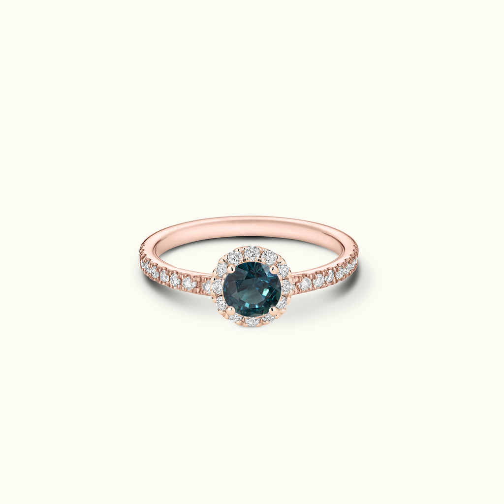 Jewellers District's Flower Montana Sapphire Halo Engagement Ring in 14k Rose Gold, Round