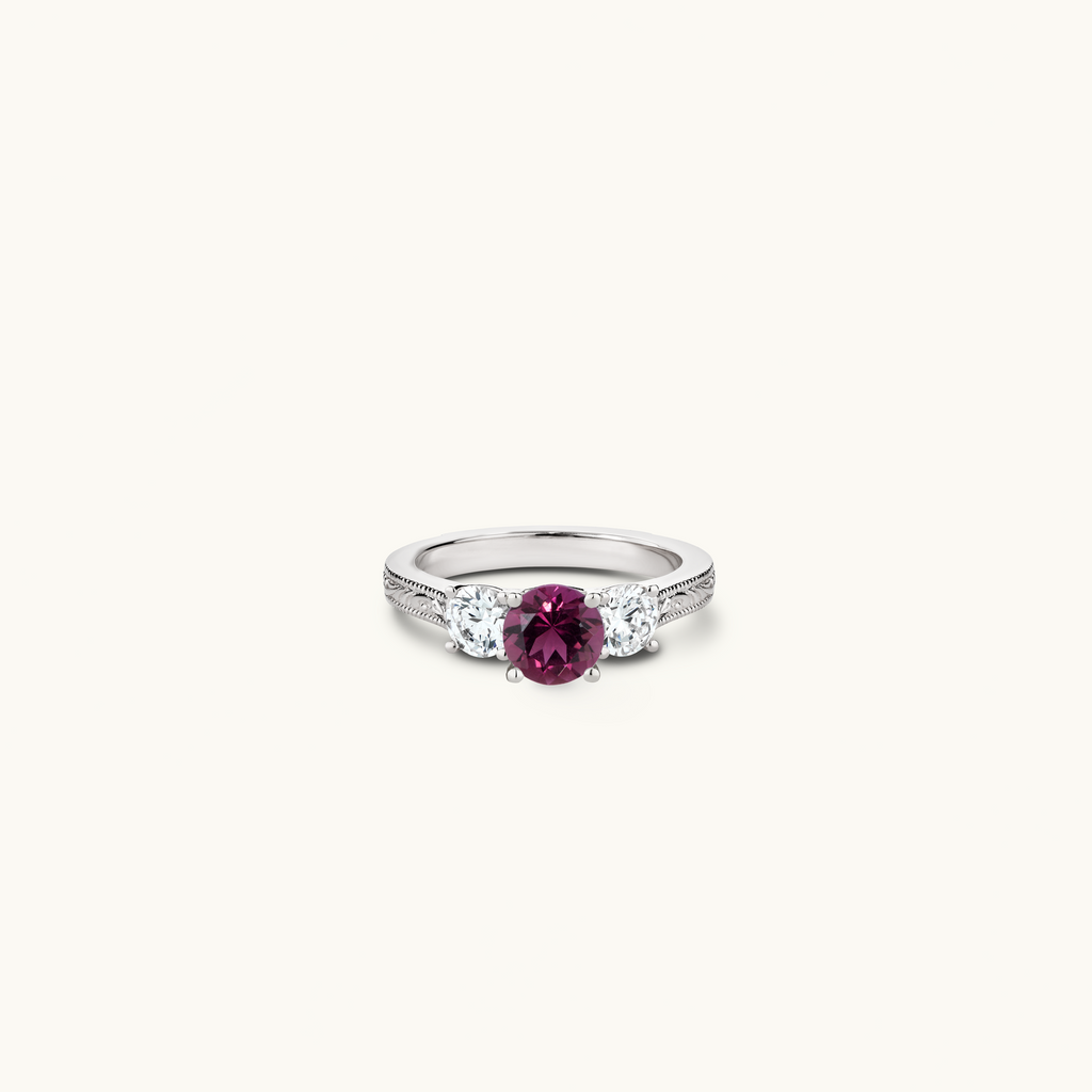 Jewellers District's Vintage Three-Stone Tourmaline Engagement Ring with Accent Diamonds in 14k White Gold, Round