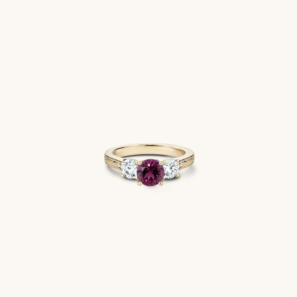 Jewellers District's Vintage Three-Stone Tourmaline Engagement Ring with Accent Diamonds in 14k Yellow Gold, Round