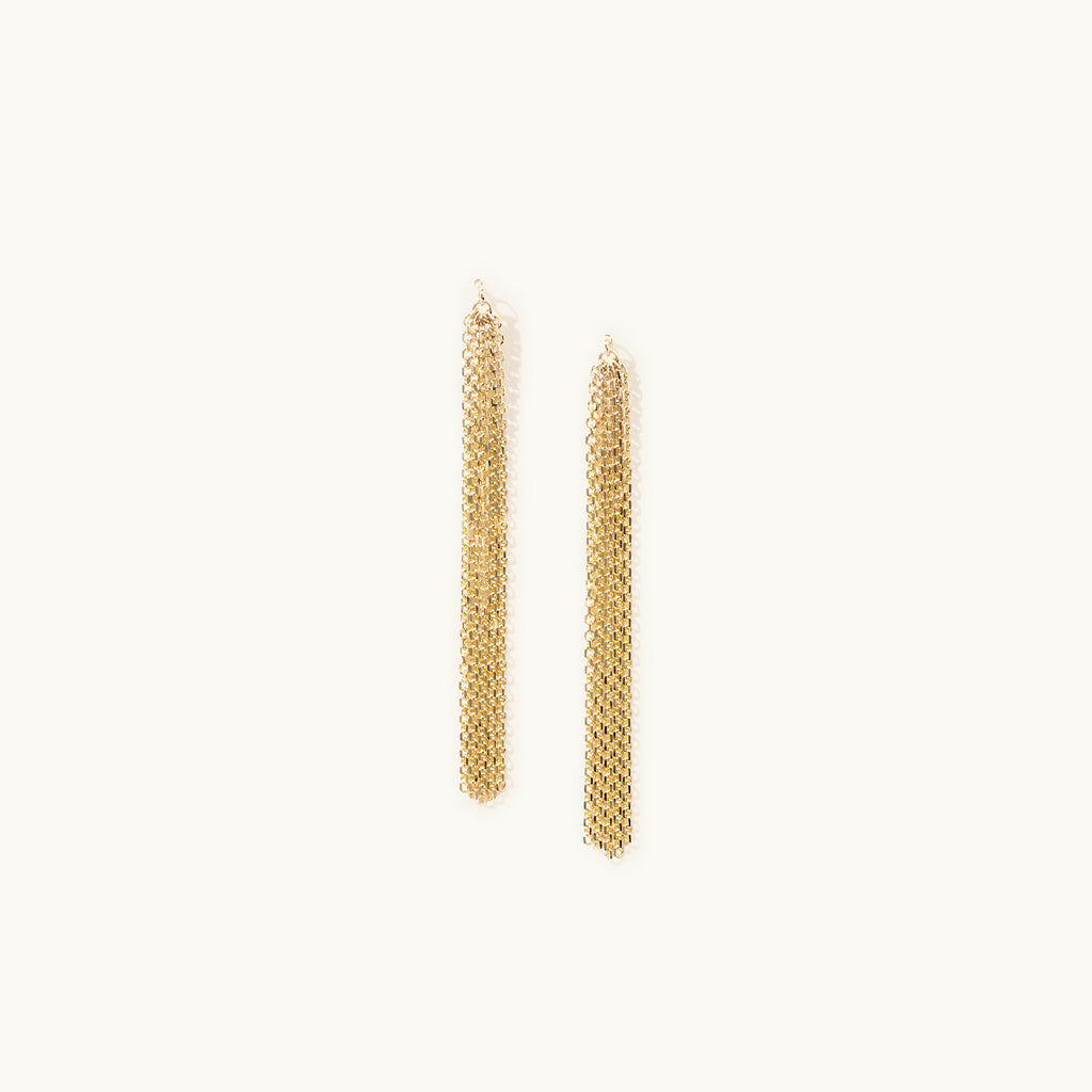 Face view of Jewellers District's Gold Tassel Dangle Earrings in 14k Yellow Gold