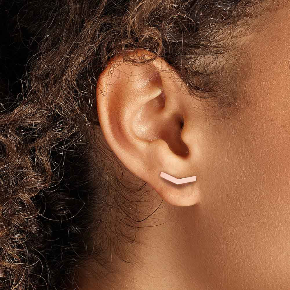 Model wearing Jewellers District's V-Shaped Gold Stud Earrings in 10k Rose Gold #6