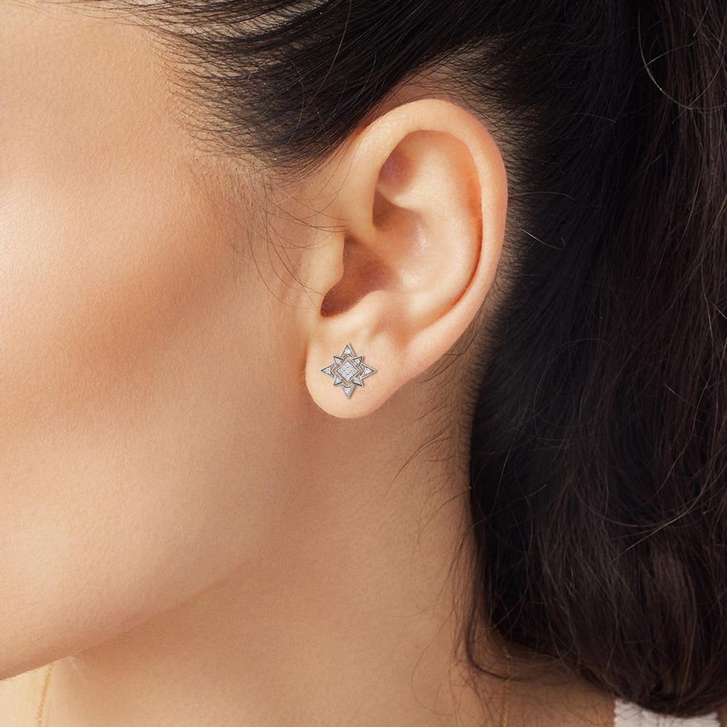 Model wearing Jewellers District's North Star Diamond Pavé Earrings in 14k White Gold #2