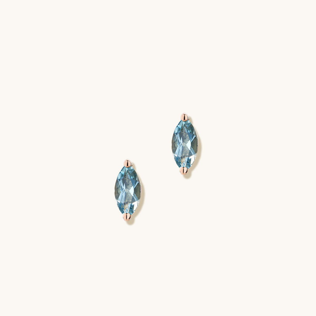 Face view of Jewellers District's Marquise Cut Aquamarine Studs in 14k Rose Gold