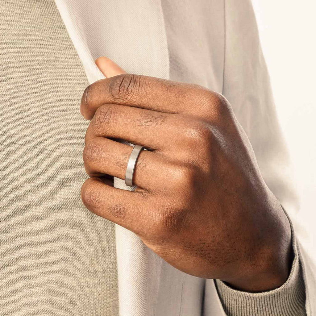 Model wearing Jewellers District's Flat Brushed Wedding Ring in 14k White Gold, Band: 5mm #2