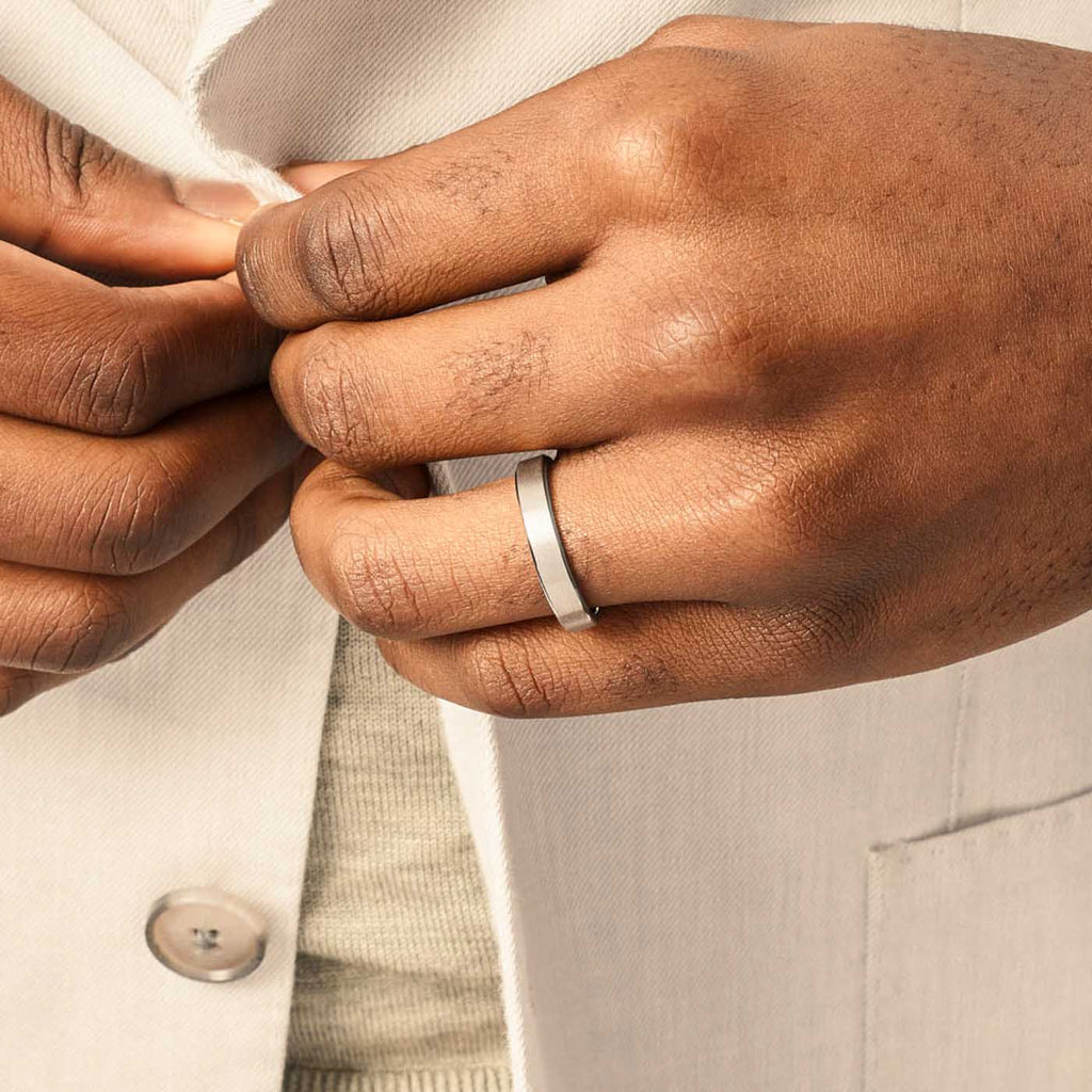 Model wearing Jewellers District's Flat Brushed Wedding Ring in 14k White Gold, Band: 5mm #3