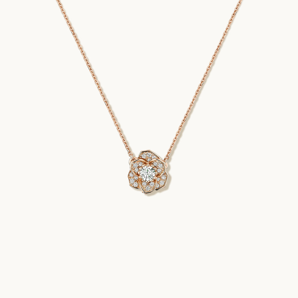 Face view of Jewellers District's Flower Diamond Necklace with Diamond Pavé in 14k Rose Gold