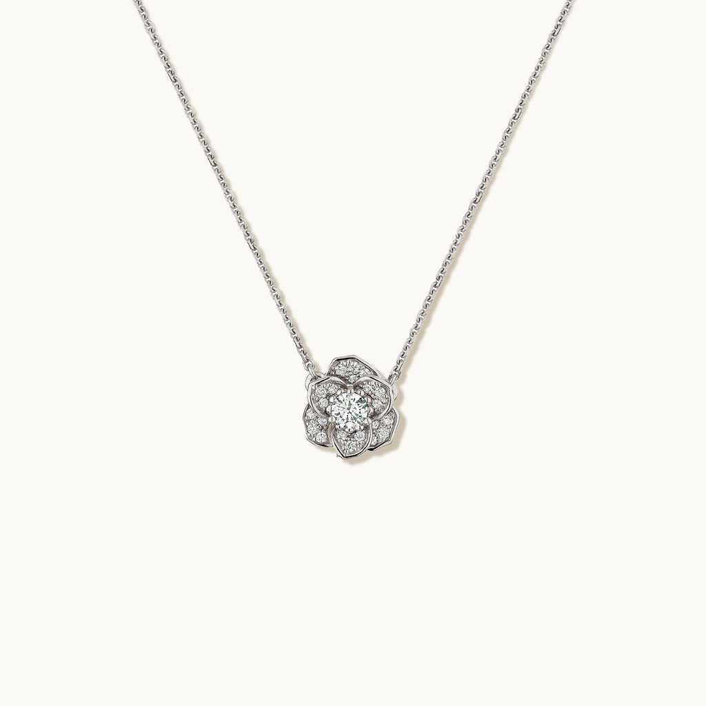 Face view of Jewellers District's Flower Diamond Necklace with Diamond Pavé in 14k White Gold