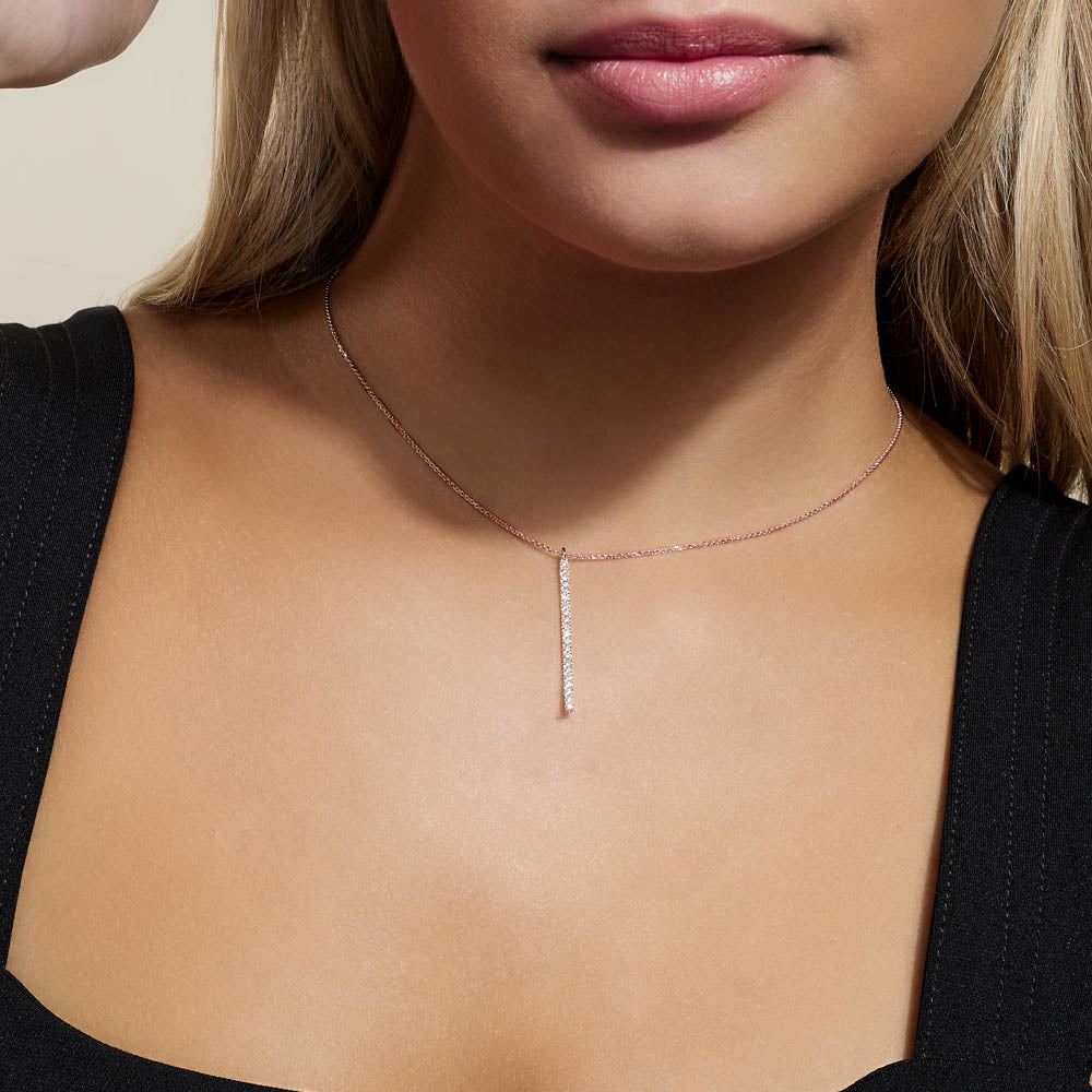 Model wearing Jewellers District's Diamond Pavé Bar Necklace in 10k Rose Gold #4