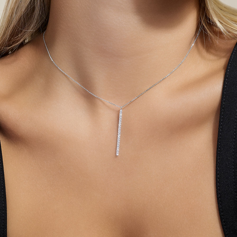 Model wearing Jewellers District's Diamond Pavé Bar Necklace in 10k White Gold #4