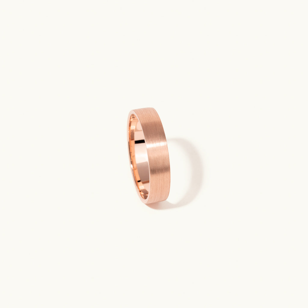 Profile view of Jewellers District's Flat Brushed Wedding Ring in 14k Rose Gold, Band: 5mm